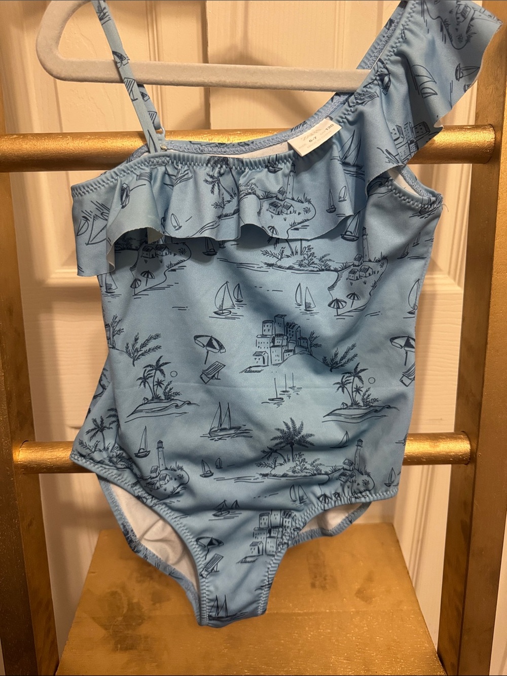 Zara Light Blue One-Shoulder Kids Swim One-Piece with Coastal Print